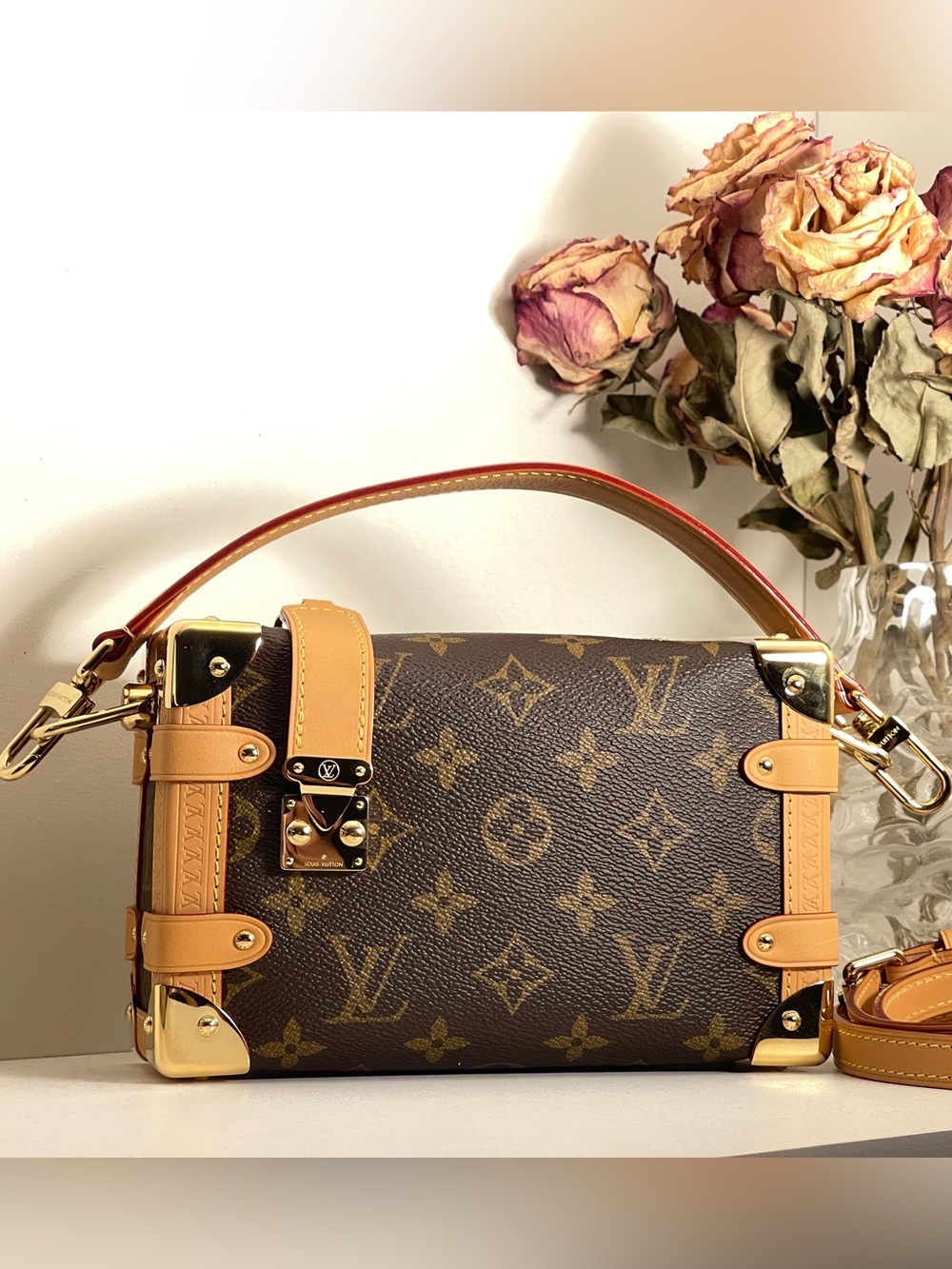 Louis Vuitton Monogram Canvas Shoulder Bag with Tan Leather and Gold Hardware